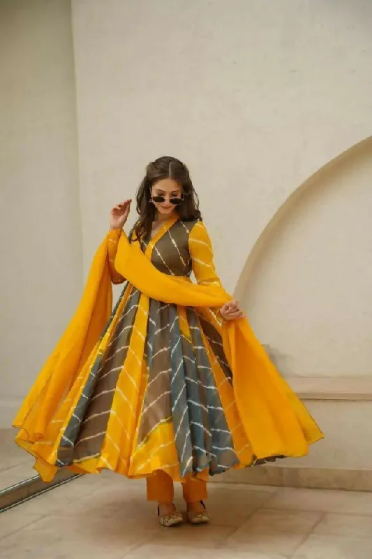 Preksha Creation Indian Festival Special  Leheriya Gown With Dupatta And Pant - Yellow Classic Straight Pants