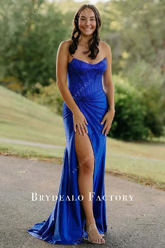 Sparkly Royal Blue Strapless V-Neck Slit Prom Dress Halter Neckline Beach