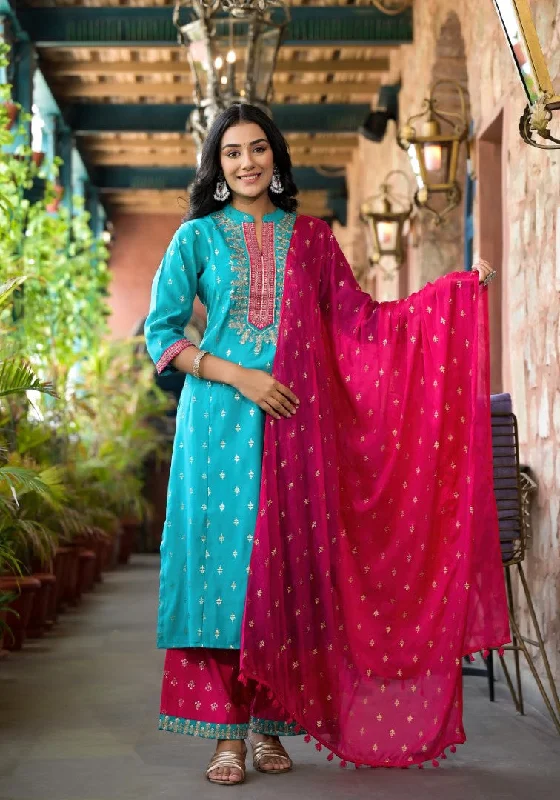 Juniper Women's Turquoise Ethnic Motif Printed Liva Rayon Kurta Pant And Dupatta Set With Zari & Mirror Work Comfortable Cargo Pants
