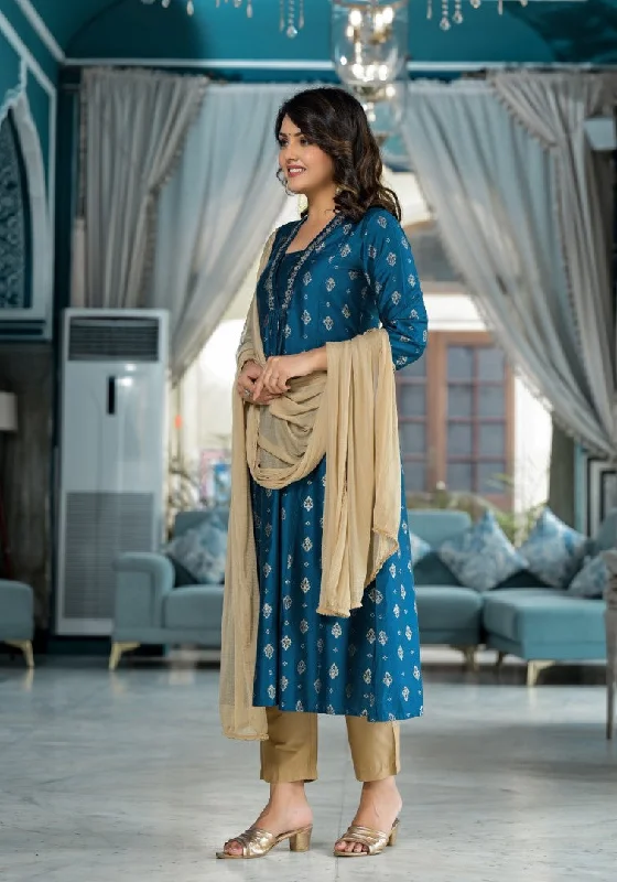 Juniper Women's Blue Ethnic Motif Printed Polycotton Kurta Pant And Dupatta Set With Sequins Gota Patti & Beads Relaxed Lounge Trousers
