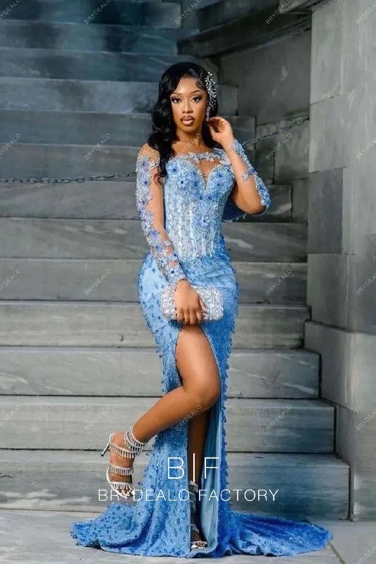Luxury Allover Crystals Beading Blue Mermaid Prom Dress Tunics Timeless classic