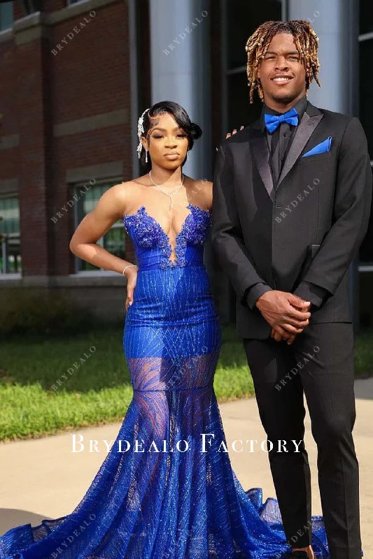 Royal Blue Glitter Trumpet Long Train Prom Dress Square Neckline Feminine