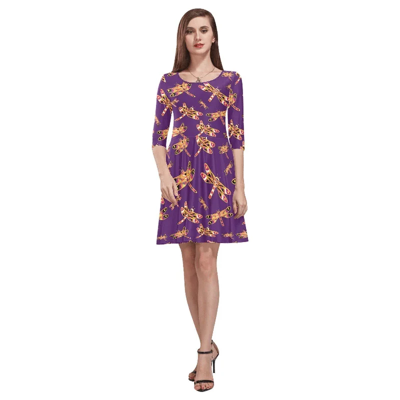 Gathering Yellow Purple Tethys Half-Sleeve Skater Dress Tunics Short Trendy