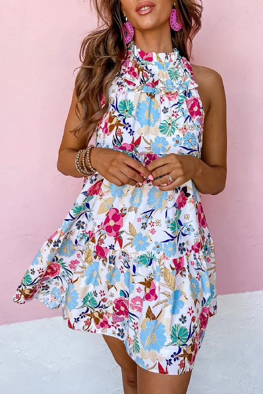Blue Zone Planet |  White Frill Mock Neck Sleeveless Tiered Floral Dress Tunics Polka dots