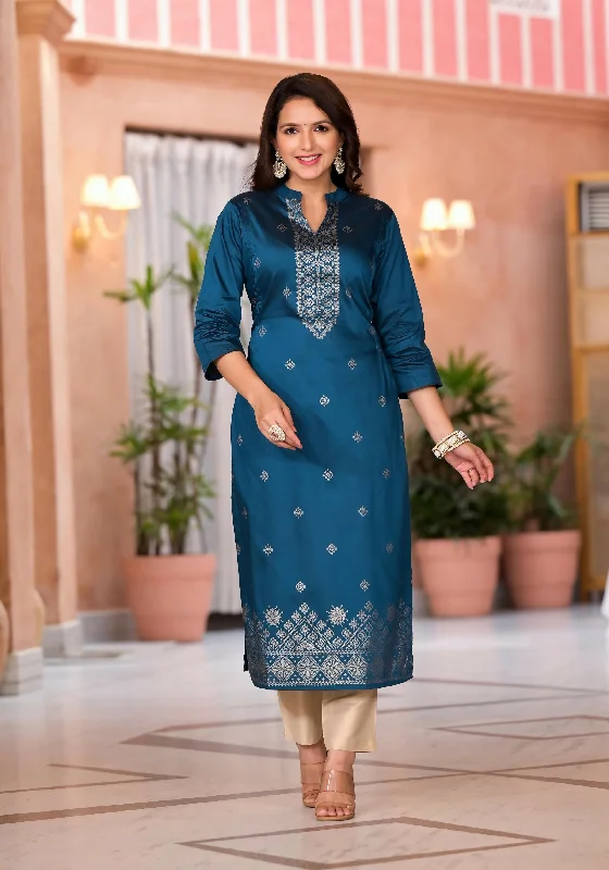 Juniper Women's Teal Ethnic Motif Printed Cotton Kurta & Pant Set Comfy Athletic Pants