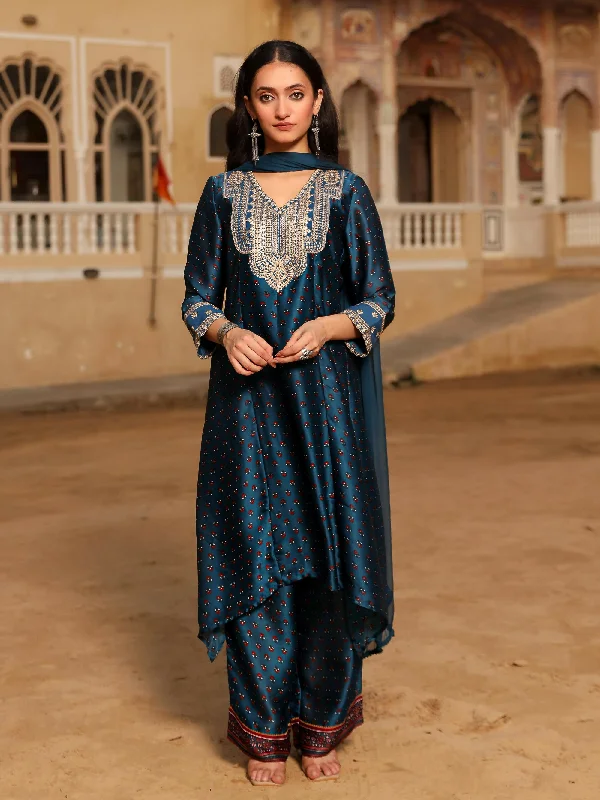 Juniper Women's The Swarn Blue Ethnic Motif Printed Satin Kurta Pant And Dupatta With Zari & Mirror Work Cozy Full-Length Pants