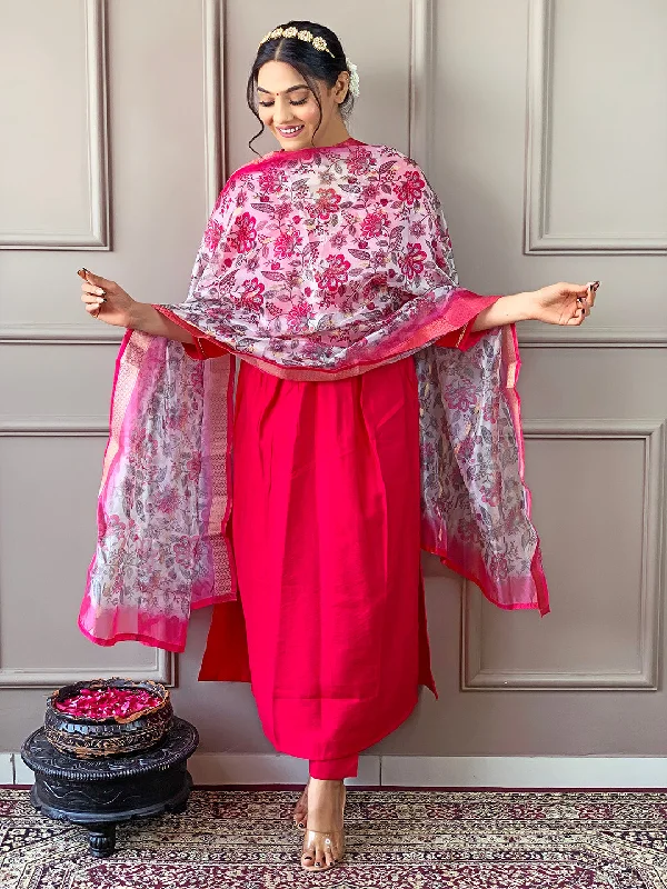 NOZ2TOZ Women Party Wear Embroidery Worked Kurta With Pant And Dupatta Set - Tomato Red Casual Lounge Pants