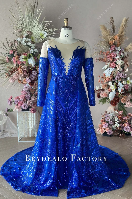Custom Blue Sequin Plus Size Off Shoulder Plunging Panel Train Formal Dress Tunics Versatile functional