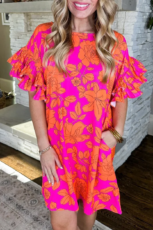 Pink Voluminous Ruffled Sleeve Floral Dress Boat Neckline Classic