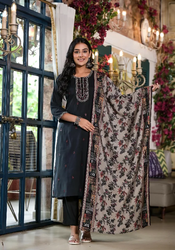 Juniper Women's Black Solid Viscose Kurta Pant And Dupatta Set With Zari & Thread Work Wide-Legged Palazzos