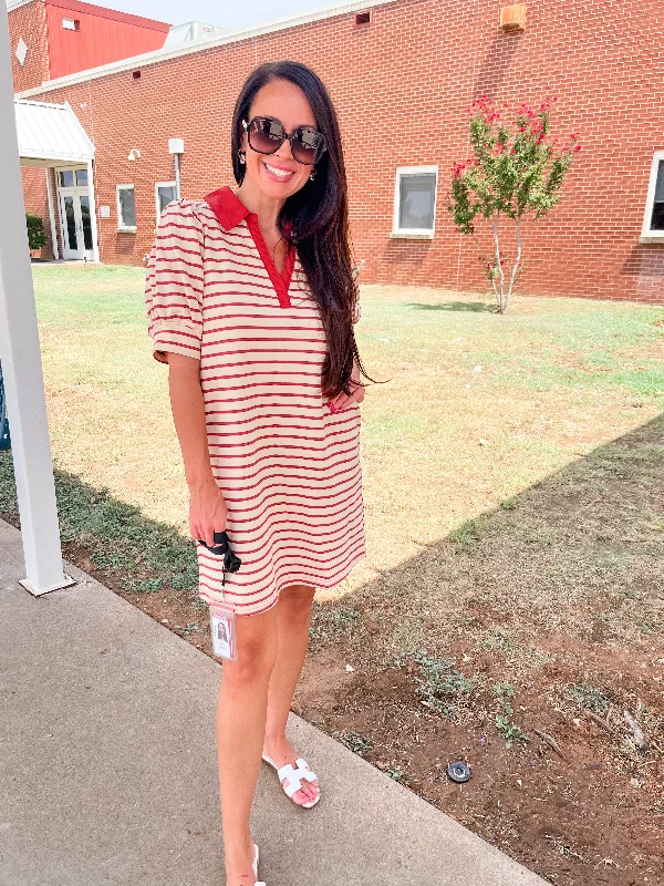 Stripe Print Collared Mini Dress- Rust Ecru Classic Shift Mini Dress