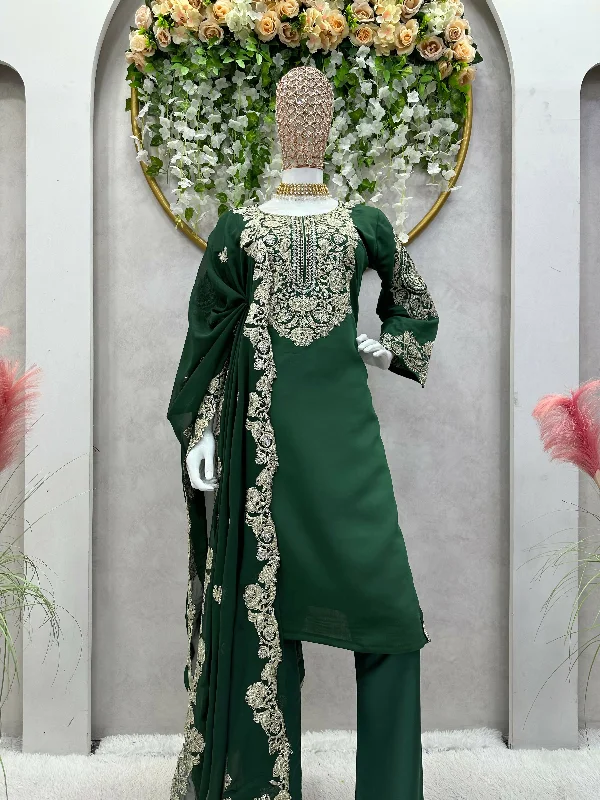 Preksha Creation Indian Women Green Muslin With Thread With Séance With Coding Dori With Dupatta And Pant Comfortable Fleece Pants