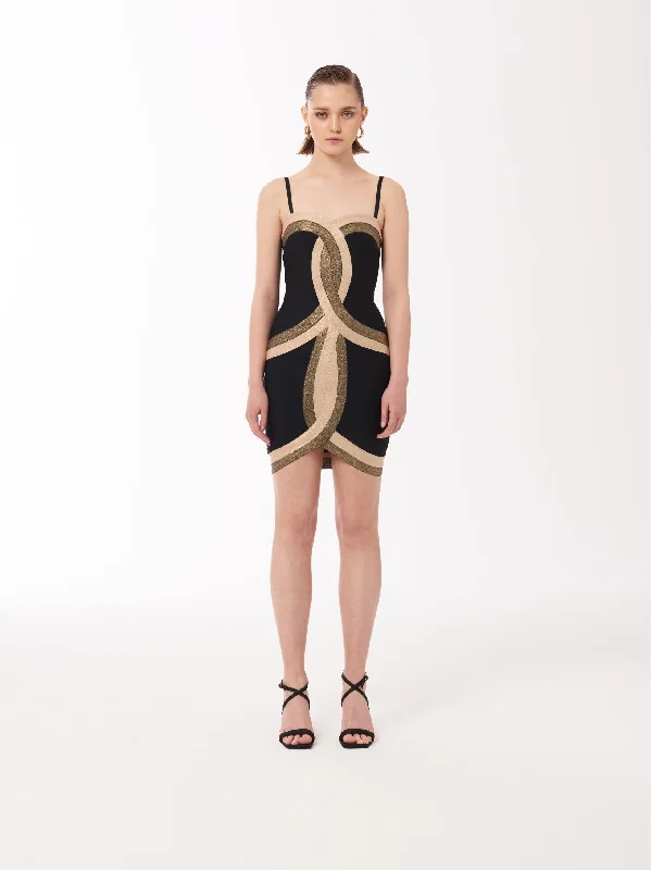 Contrast Panel Bandage Mini Dress in Black and Gold Stylish Sweetheart Mini Dress