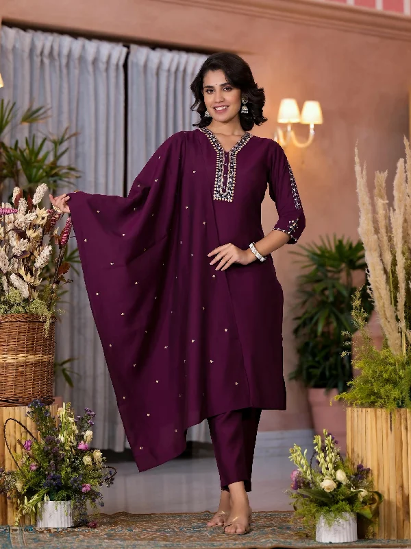 Juniper Women's Wine Thread Embroidered Viscose Kurta Pant And Dupatta Set With Sequins Work & Zari Work Formal Slim Pants
