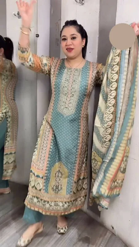 Preksha Creation Indian Fancy Maslin Printed And Real Mirror Work Top And Pant With Printed Dupatta - Sky Blue Relaxed High-Waist Trousers