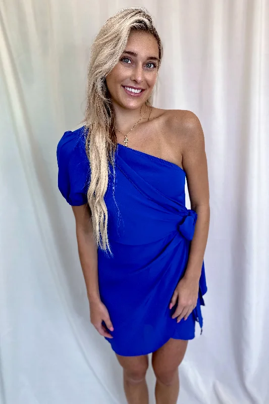 Royal Blue One Shoulder Mini Dress- FINAL SALE Trendy Button-Detail Mini Dress