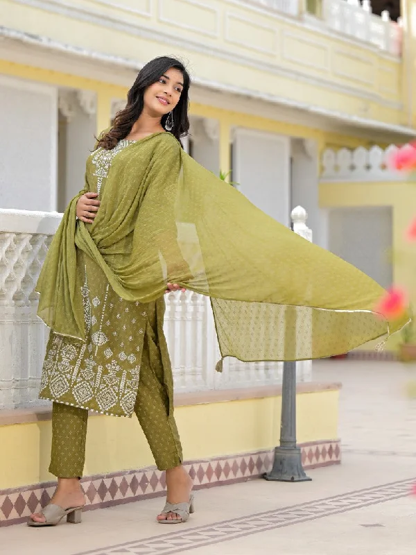 Juniper Women's Olive Green Ethnic Motif Printed Viscose Kurta, Pant And Dupatta Set With Gota Patti Work Formal Wide-Leg Pants