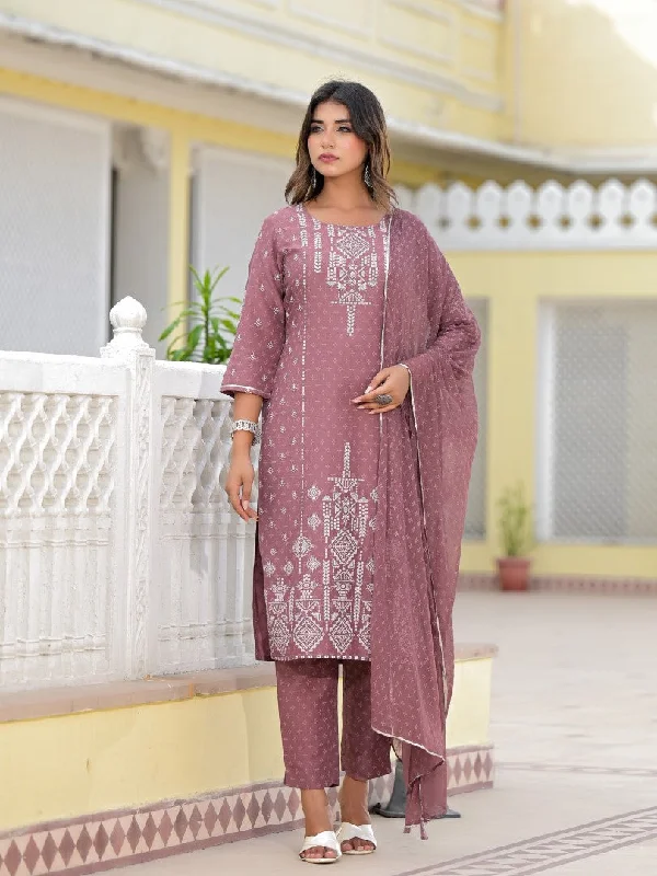 Juniper Women's Onion Pink Ethnic Motif Printed Viscose Kurta, Pant And Dupatta Set With Gotta Patti Work Comfy Cargo Trousers