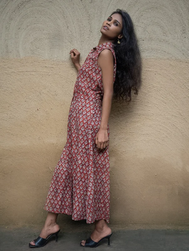 The Work Edit. Bagru Hand Block Printed Cotton Dress - Rust Floret Tunics Sophisticated sleek
