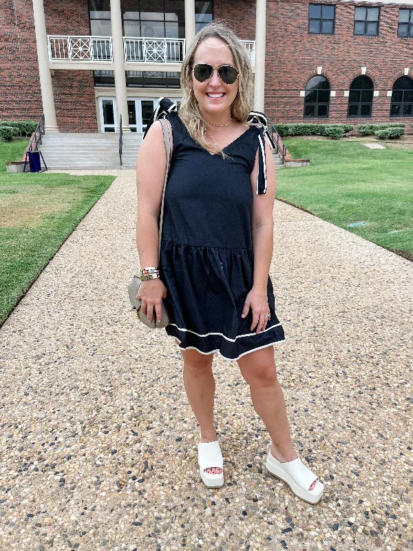 Solid V-neck Self Tie Mini Dress- Black Comfortable Casual Mini Dress
