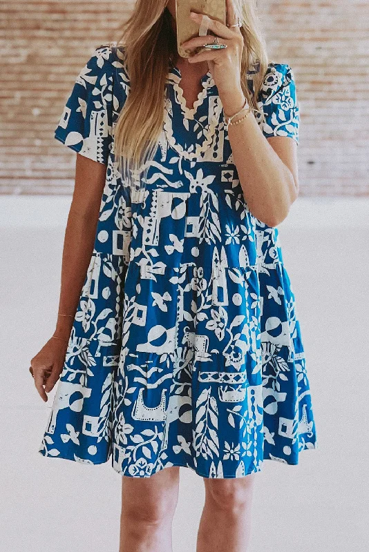 Blue Ricrac Trim Split Neck Floral Loose Dress Tunics Plaid country