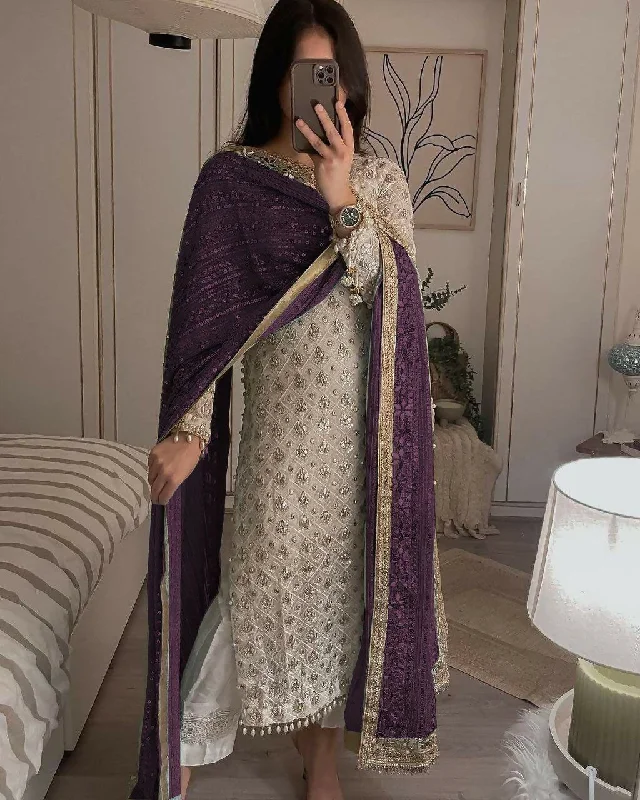 Preksha Creation Indian Fancy Women Wine Faux Georgette Sequence Embroidered Work Top and Pant With Dupatta Elegant Palazzo Trousers