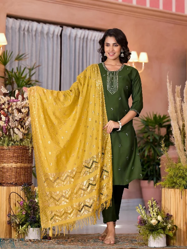 Juniper Women's Green Zari Embroidered Viscose Kurta Pant And Dupatta Set With Tassels On Dupatta Lightweight Linen Pants