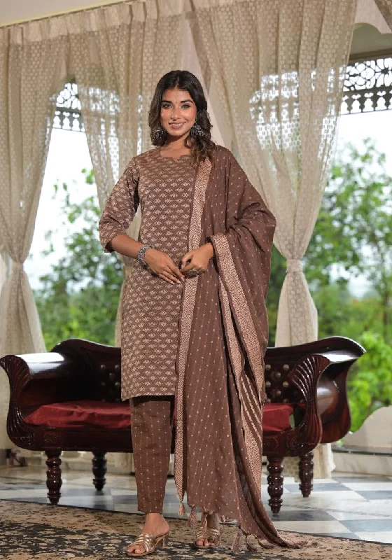 Juniper Women's Brown Geometric Printed Cotton Kurta Pant Set With Tassels On Dupatta Fashionable Track Pants