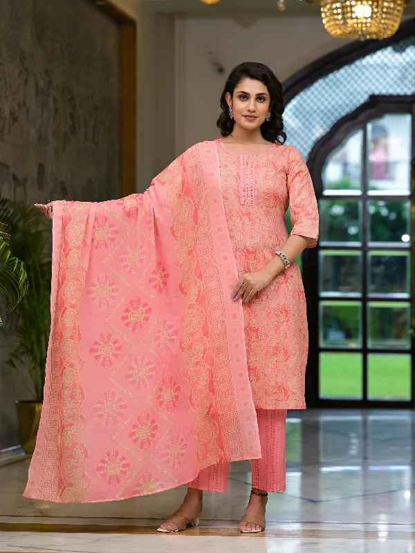 Juniper Women's Pink Ethnic Motif Printed Cotton Kurta Pant And Dupatta Set With Mirror Work & Sequins Trendy Palazzo Pants