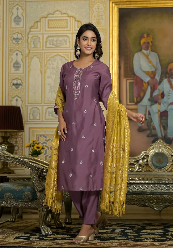 Juniper Women's Onion Pink Zari Embroidered Viscose Kurta Pant And Dupatta Set With Sequins Work High-Waist Trousers