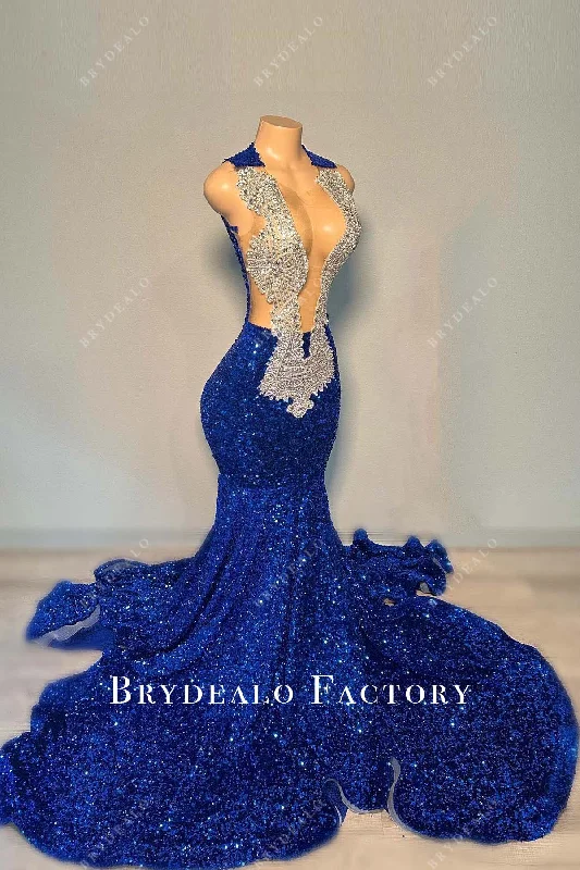 Plunging Neck Royal Blue Sequin Trumpet Rhinestone Prom Dress Tunics Gym athletic