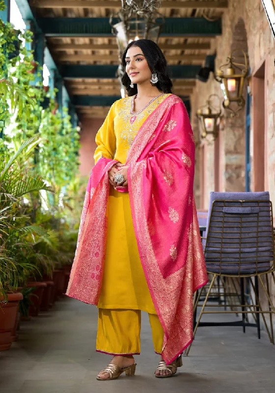 Juniper Women's Mustard Zari Embroidered Viscose Kurta Pant And Dupatta Set With Mirror Work Chic Capri Pants