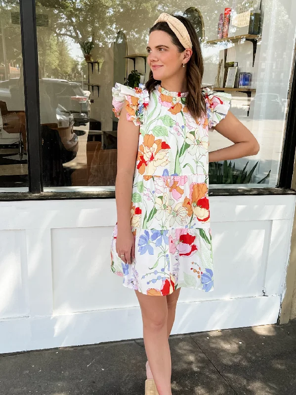 Juliet Floral Garden Lauren Shift Mini Dress- White Multi Stylish Ribbed Mini Dress