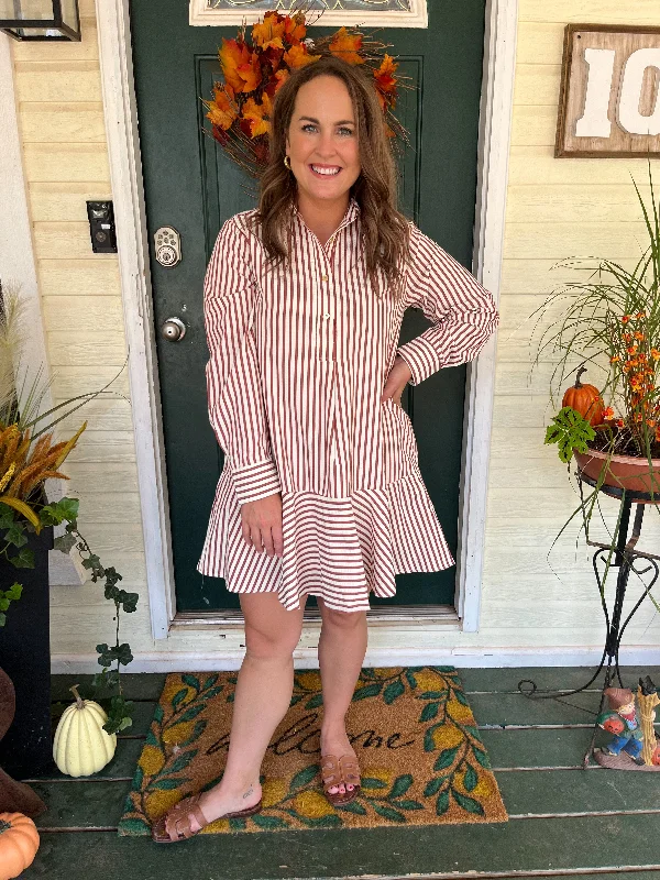 Striped Long Sleeve Collared Mini Dress- Burgundy Cozy Ruched Mini Dress