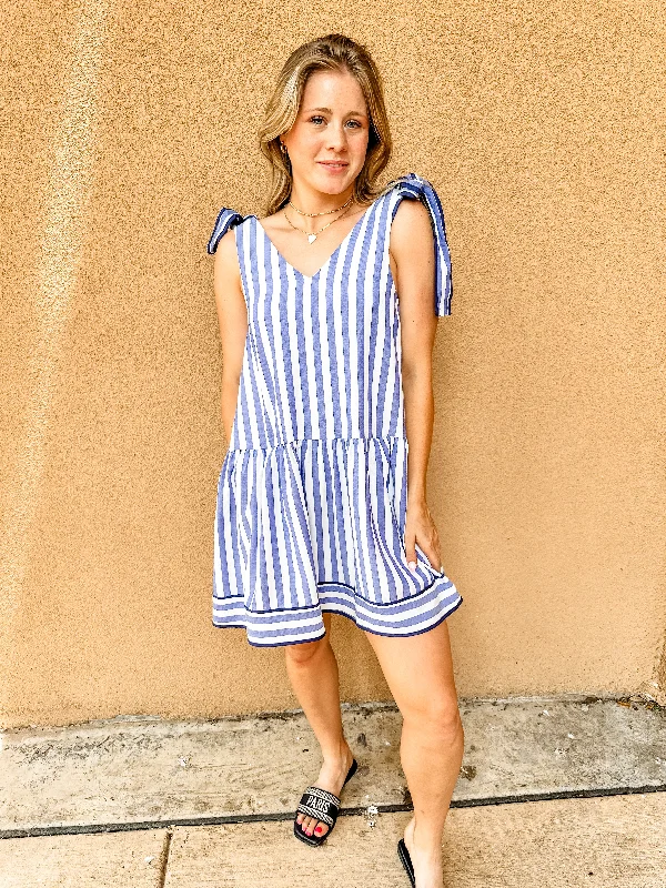 Stripe Print V-Neck Mini Dress - Blue Comfortable Boho Mini Dress