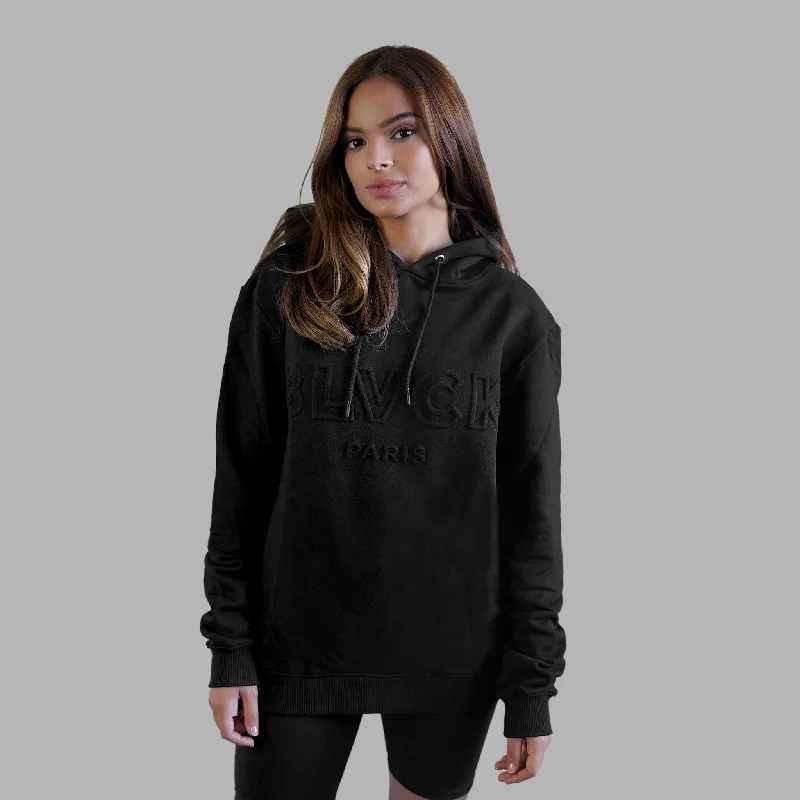Blvck on Blvck Embossed Hoodie Hoodie with Hem Elastic Stretchable Comfortable