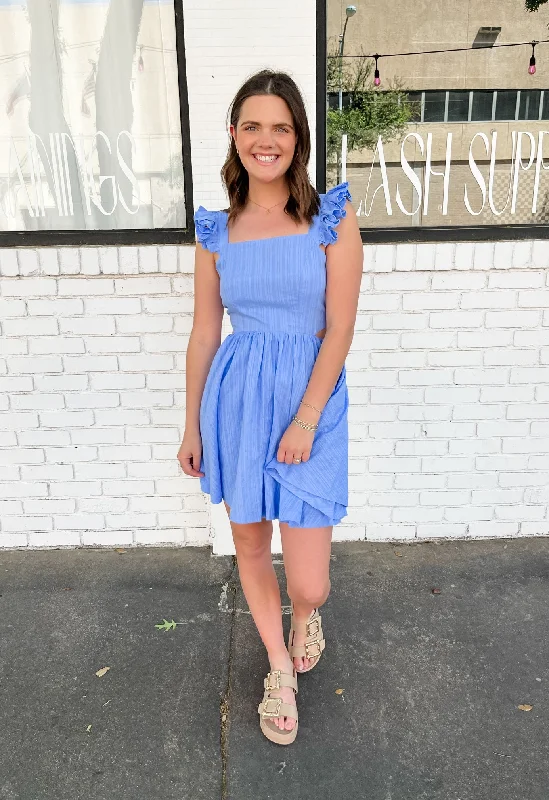 FLUTTER SLEEVE TIE BACK MINI DRESS - CORNFLOWER BLUE Trendy Wraparound Mini Dress