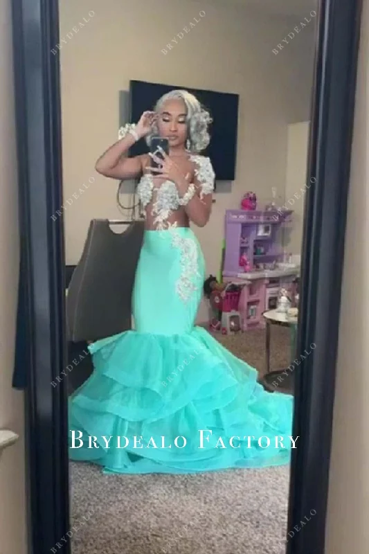 Rhinestones Turquoise Tiered Trumpet Prom Dress Tunics Fleece cozy