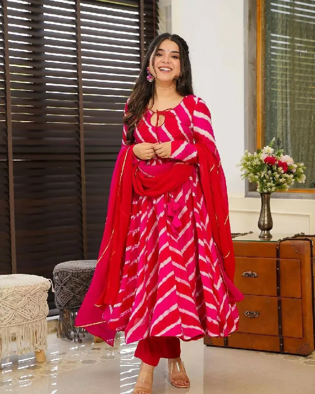 Preksha Creation Indian Festival Special  Leheriya Gown With Dupatta And Pant - Red Cozy Fitted Pants