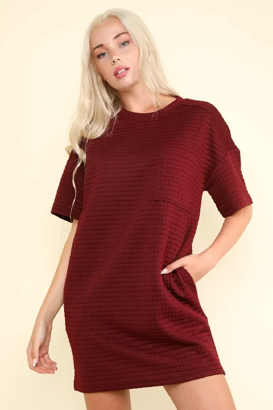 Oversized Quilted Basic Shift Mini Dress- Wine Elegant Satin Mini Dress
