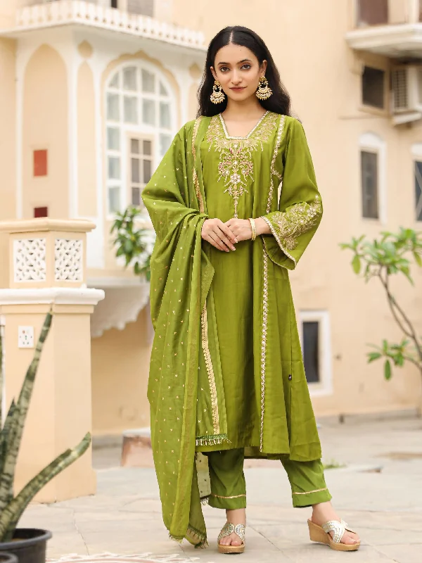 Juniper Women's The Swarn Mehndi Green Thread Embroidered Viscose Kurta Pant And Dupatta With Mirror & Zari work Soft Cotton Pants