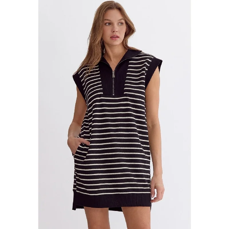Stripe Ribbed Cap Sleeve Mini Dress in Black Cozy Knit Mini Dress