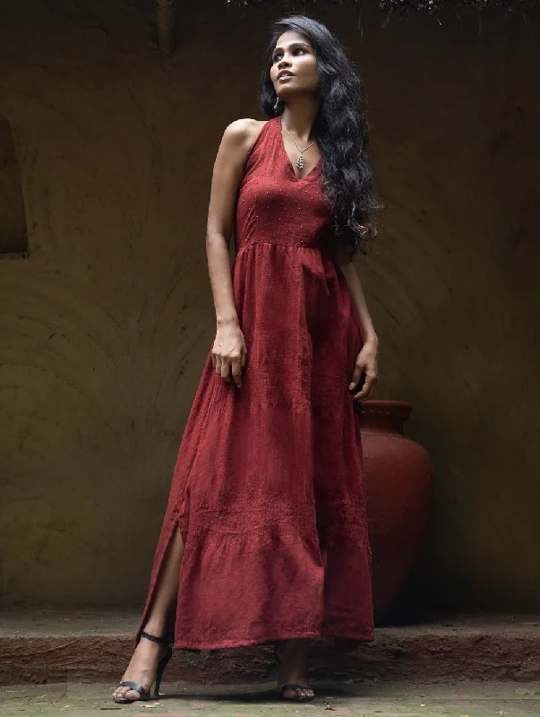 Handwoven Elegance. Organic Kala Cotton Long Dress - Warm Wine Red Elegant Long Evening