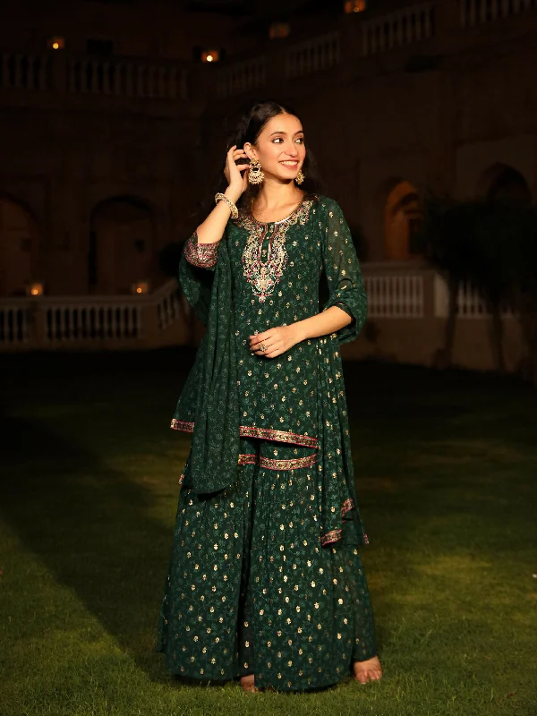 Juniper Women's The Swarn Jade Green Ethnic Motif Printed Georgette Kurta Pant And Dupatta With Sequins & Zari Work Trendy Wide-Legged Trousers