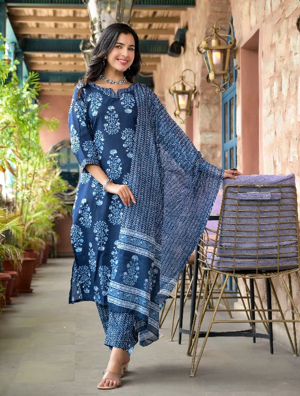 Indian Fashion Women Blue Embroidery Viscose Rayon Kurta, Pant And Dupatta Set Trendy Wide-Leg Pants