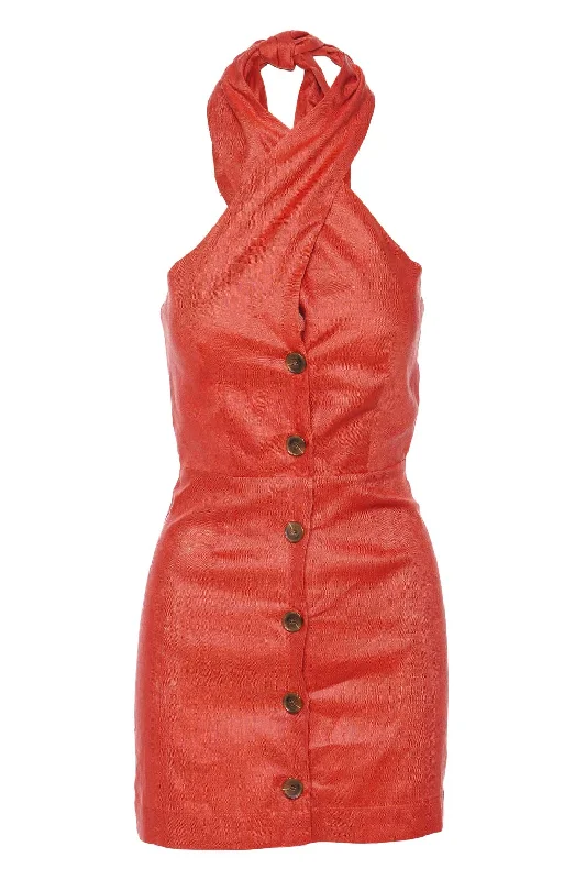 Twist Terracotta Linen Button Up Mini Dress Stylish Ruffle Mini Dress