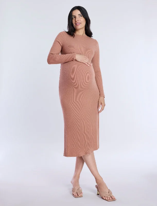 Long Sleeve Rib Knit Column Dress Tunics Travel practical
