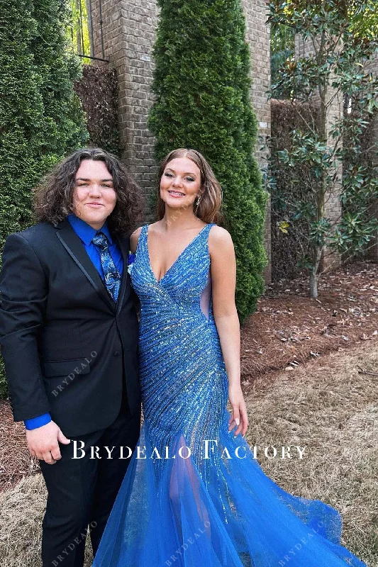 Homecoming Dress | Glitter Sequined Blue V-Neck Trumpet Formal Gown Floral Print girly