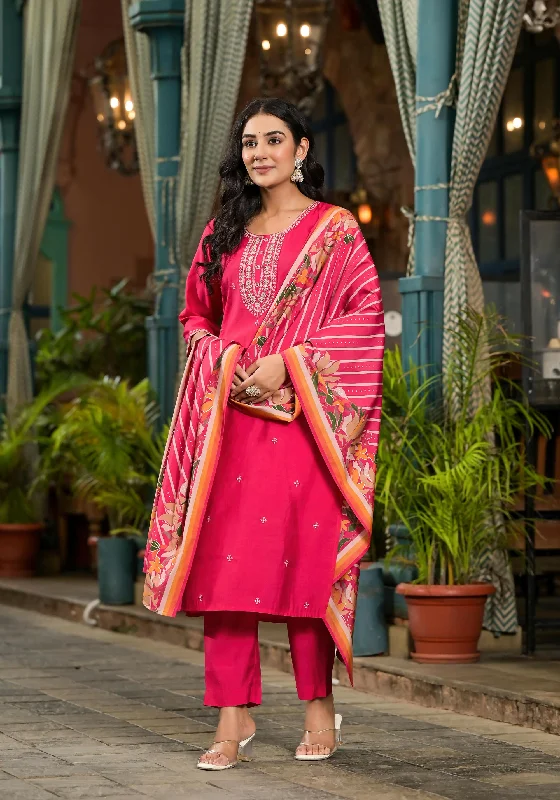 Juniper Women's Fuchsia Floral Printed Viscose Kurta Pant And Dupatta Set With Zari Work Fashionable Work Pants