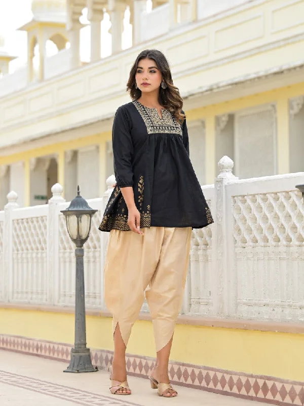 Juniper Women's Black Ethnic Motif Printed Tunic & Dhoti Pant Co-Ord Set For With Zari Embroidery Soft Stretch Pants